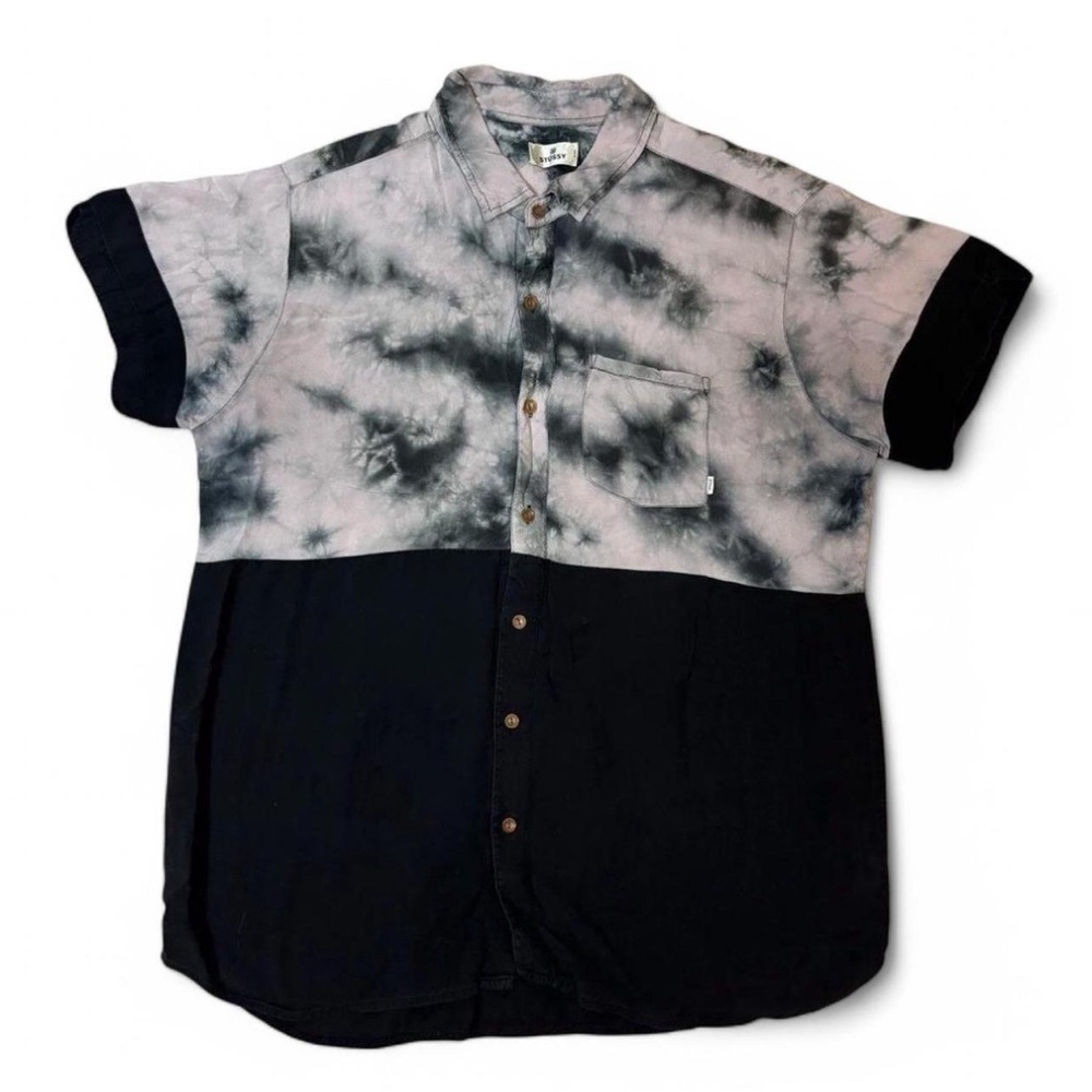 Stussy Men's XL Lightweight Button Shirt Tie Dye Colorblock Pocket Gray Black